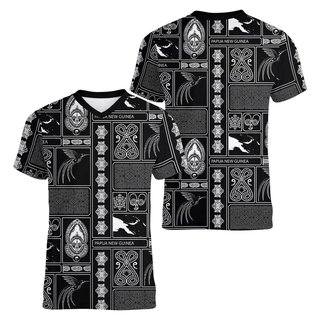 Papua New Guinea Heritage Motif Women V-Neck T-Shirt Black Version LT05 - Polynesian Pride