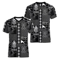 Papua New Guinea Heritage Motif Women V-Neck T-Shirt Black Version LT05 - Polynesian Pride