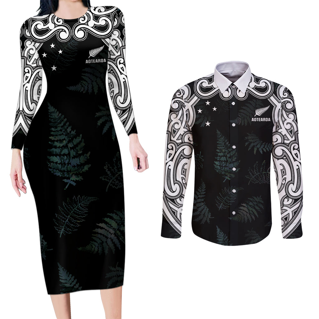 Custom New Zealand Fern Women Rugby Couples Matching Long Sleeve Bodycon Dress and Long Sleeve Button Shirt Maori Pattern LT05 Black - Polynesian Pride