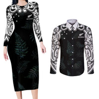 Custom New Zealand Fern Women Rugby Couples Matching Long Sleeve Bodycon Dress and Long Sleeve Button Shirt Maori Pattern LT05 Black - Polynesian Pride