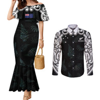 Custom New Zealand Fern Women Rugby Couples Matching Mermaid Dress and Long Sleeve Button Shirt Maori Pattern LT05 Black - Polynesian Pride