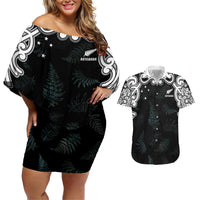 Custom New Zealand Fern Women Rugby Couples Matching Off Shoulder Short Dress and Hawaiian Shirt Maori Pattern LT05 Black - Polynesian Pride