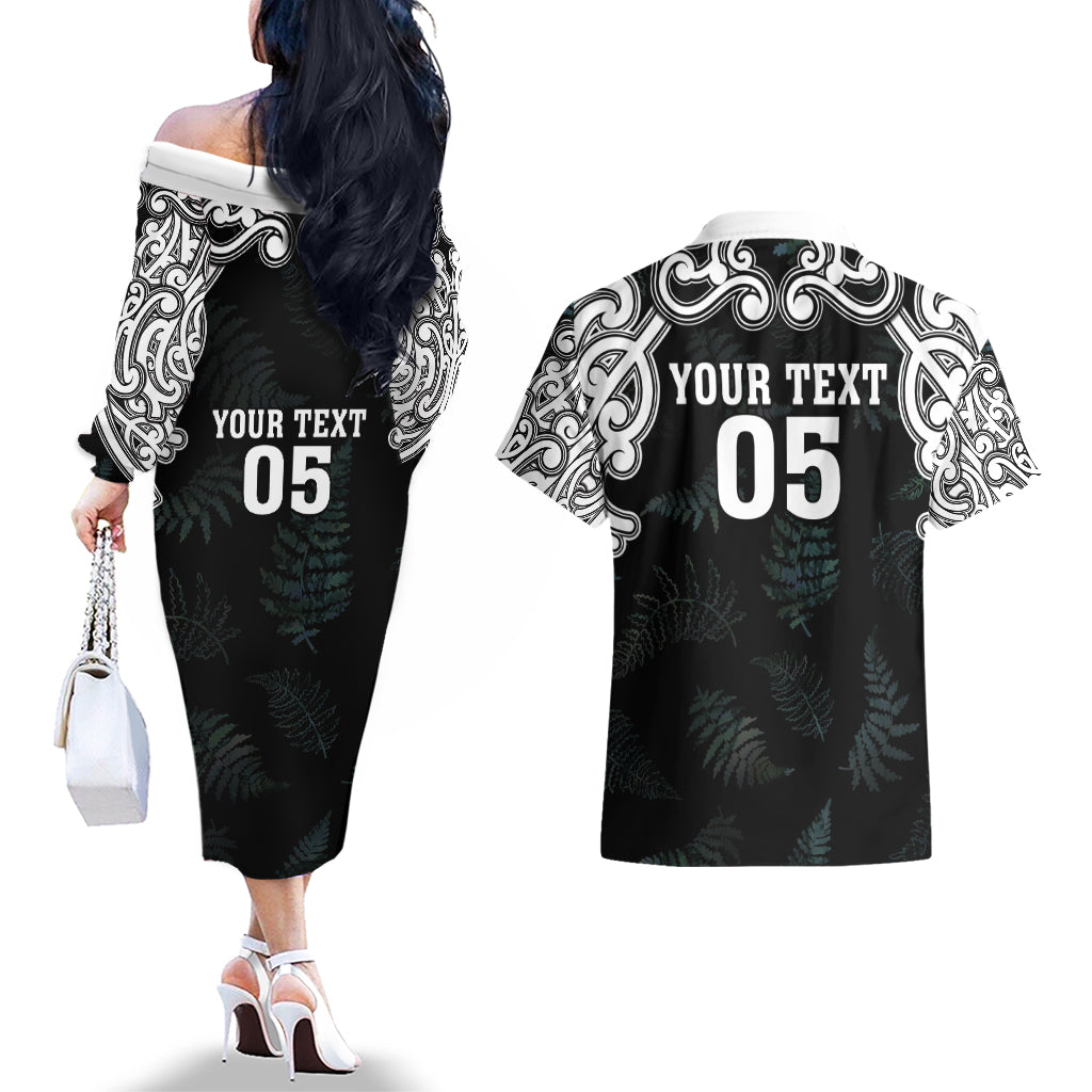 Custom New Zealand Fern Women Rugby Couples Matching Off The Shoulder Long Sleeve Dress and Hawaiian Shirt Maori Pattern LT05 - Polynesian Pride