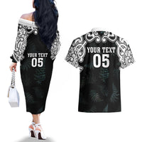 Custom New Zealand Fern Women Rugby Couples Matching Off The Shoulder Long Sleeve Dress and Hawaiian Shirt Maori Pattern LT05 - Polynesian Pride