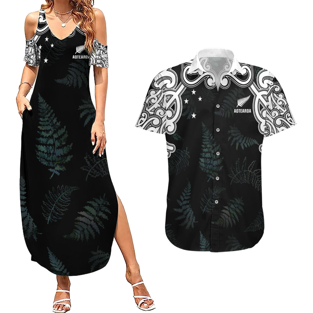 Custom New Zealand Fern Women Rugby Couples Matching Summer Maxi Dress and Hawaiian Shirt Maori Pattern LT05 Black - Polynesian Pride