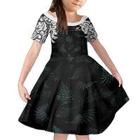 Custom New Zealand Fern Women Rugby Family Matching Long Sleeve Bodycon Dress and Hawaiian Shirt Maori Pattern LT05 Daughter's Dress Black - Polynesian Pride