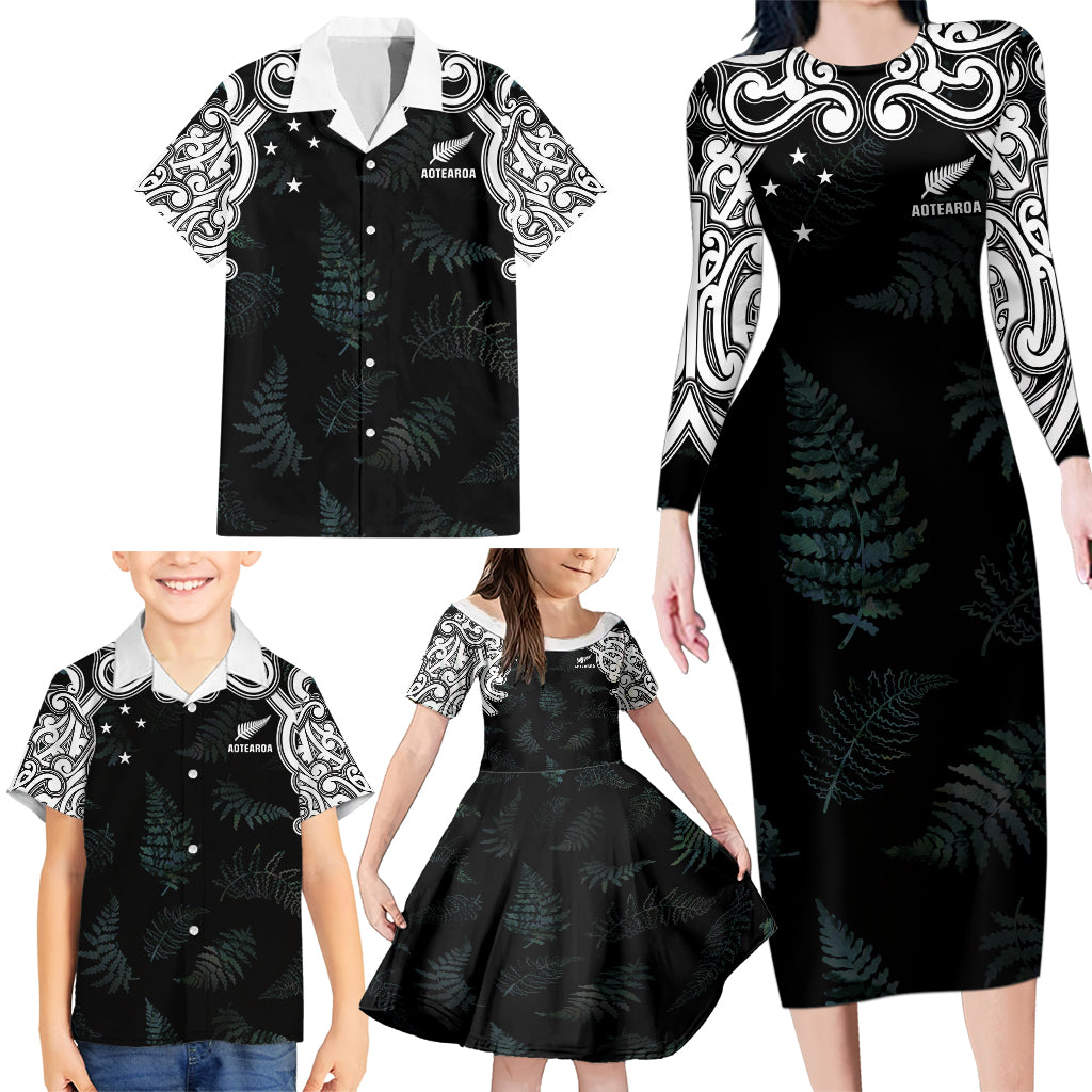Custom New Zealand Fern Women Rugby Family Matching Long Sleeve Bodycon Dress and Hawaiian Shirt Maori Pattern LT05 - Polynesian Pride