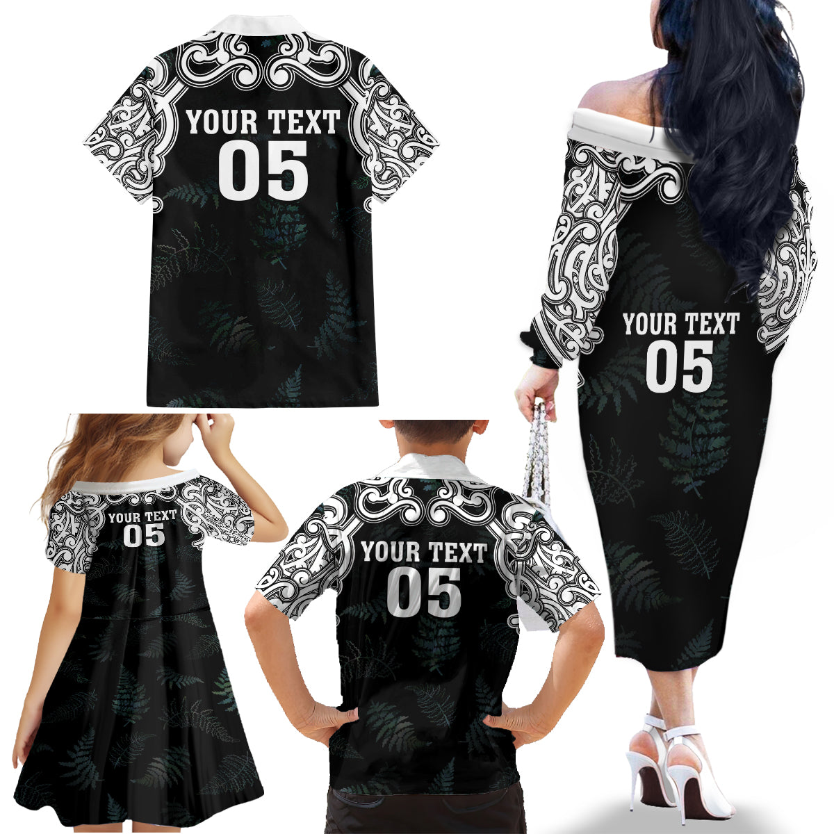 Custom New Zealand Fern Women Rugby Family Matching Off The Shoulder Long Sleeve Dress and Hawaiian Shirt Maori Pattern LT05 - Polynesian Pride
