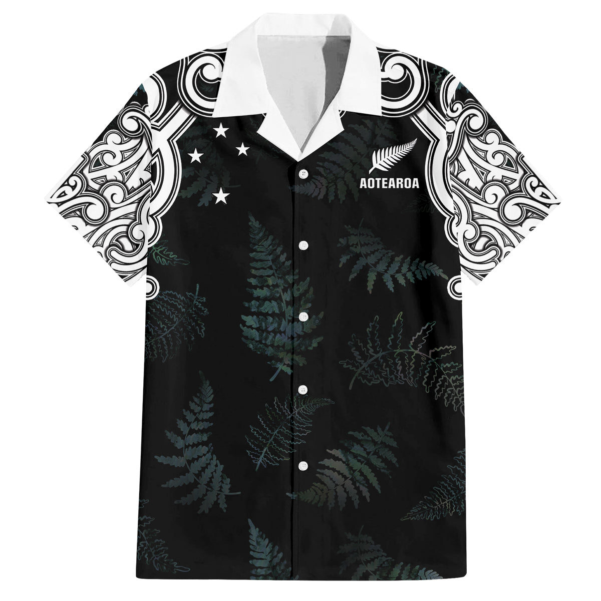 Custom New Zealand Fern Women Rugby Family Matching Off The Shoulder Long Sleeve Dress and Hawaiian Shirt Maori Pattern LT05 Dad's Shirt - Short Sleeve Black - Polynesian Pride