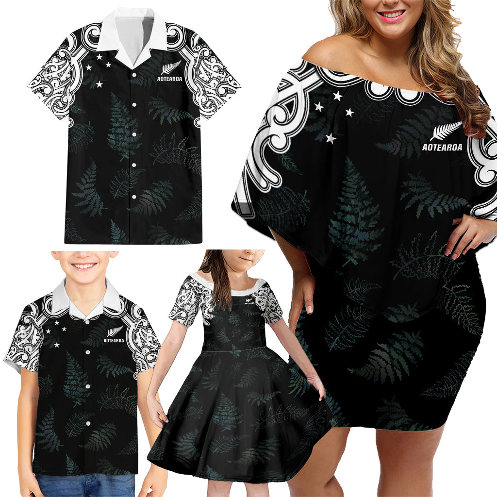 Custom New Zealand Fern Women Rugby Family Matching Off Shoulder Short Dress and Hawaiian Shirt Maori Pattern LT05 - Polynesian Pride