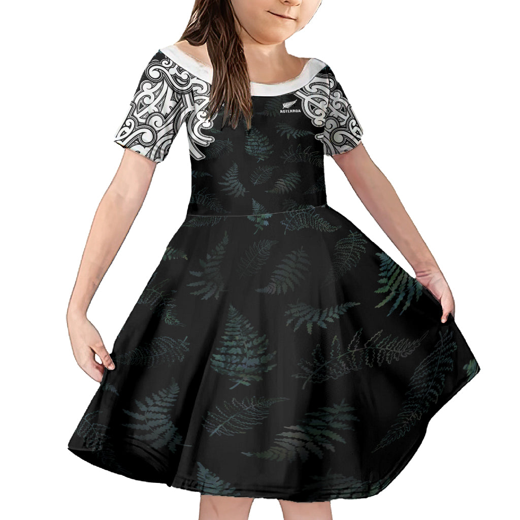 Custom New Zealand Fern Women Rugby Family Matching Summer Maxi Dress and Hawaiian Shirt Maori Pattern LT05 Daughter's Dress Black - Polynesian Pride