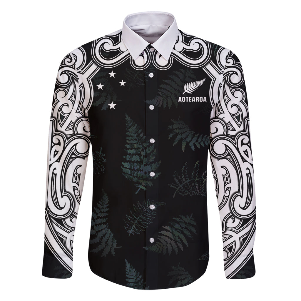 Custom New Zealand Fern Women Rugby Family Matching Summer Maxi Dress and Hawaiian Shirt Maori Pattern LT05 Dad's Shirt - Long Sleeve Black - Polynesian Pride