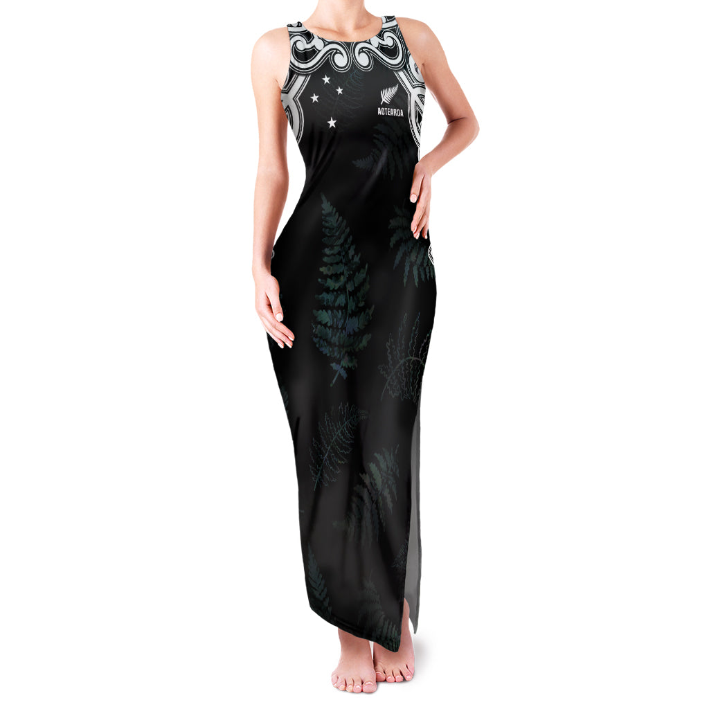 Custom New Zealand Fern Women Rugby Family Matching Tank Maxi Dress and Hawaiian Shirt Maori Pattern LT05 Mom's Dress Black - Polynesian Pride