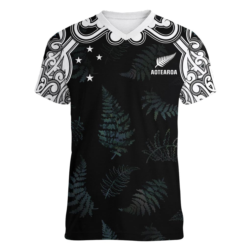 Custom New Zealand Fern Women Rugby Women V-Neck T-Shirt Maori Pattern LT05 Female Black - Polynesian Pride