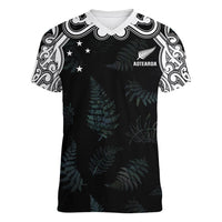 Custom New Zealand Fern Women Rugby Women V-Neck T-Shirt Maori Pattern LT05 Female Black - Polynesian Pride