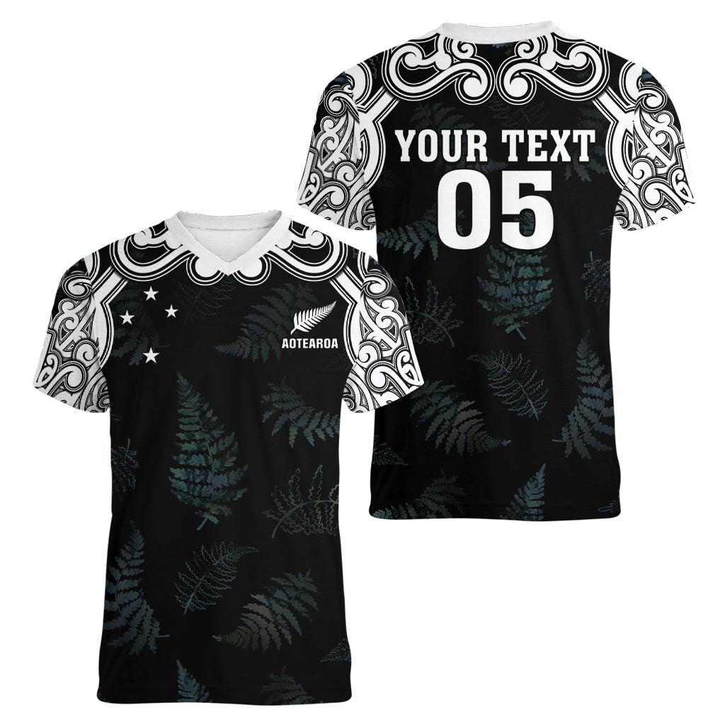 Custom New Zealand Fern Women Rugby Women V-Neck T-Shirt Maori Pattern LT05 - Polynesian Pride