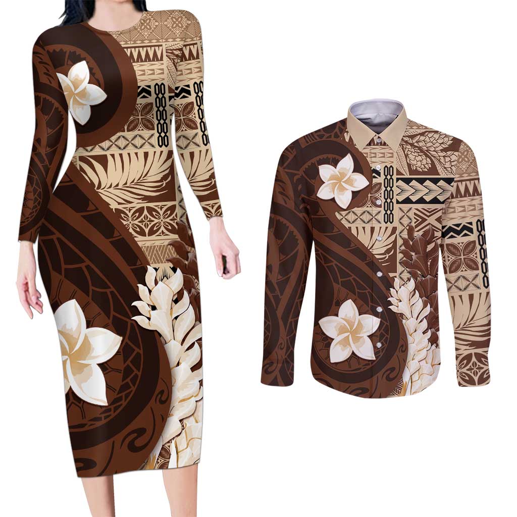 Samoa Teuila 2024 Couples Matching Long Sleeve Bodycon Dress and Long Sleeve Button Shirt Samoan Siapo Pattern Brown Version LT05 Brown - Polynesian Pride