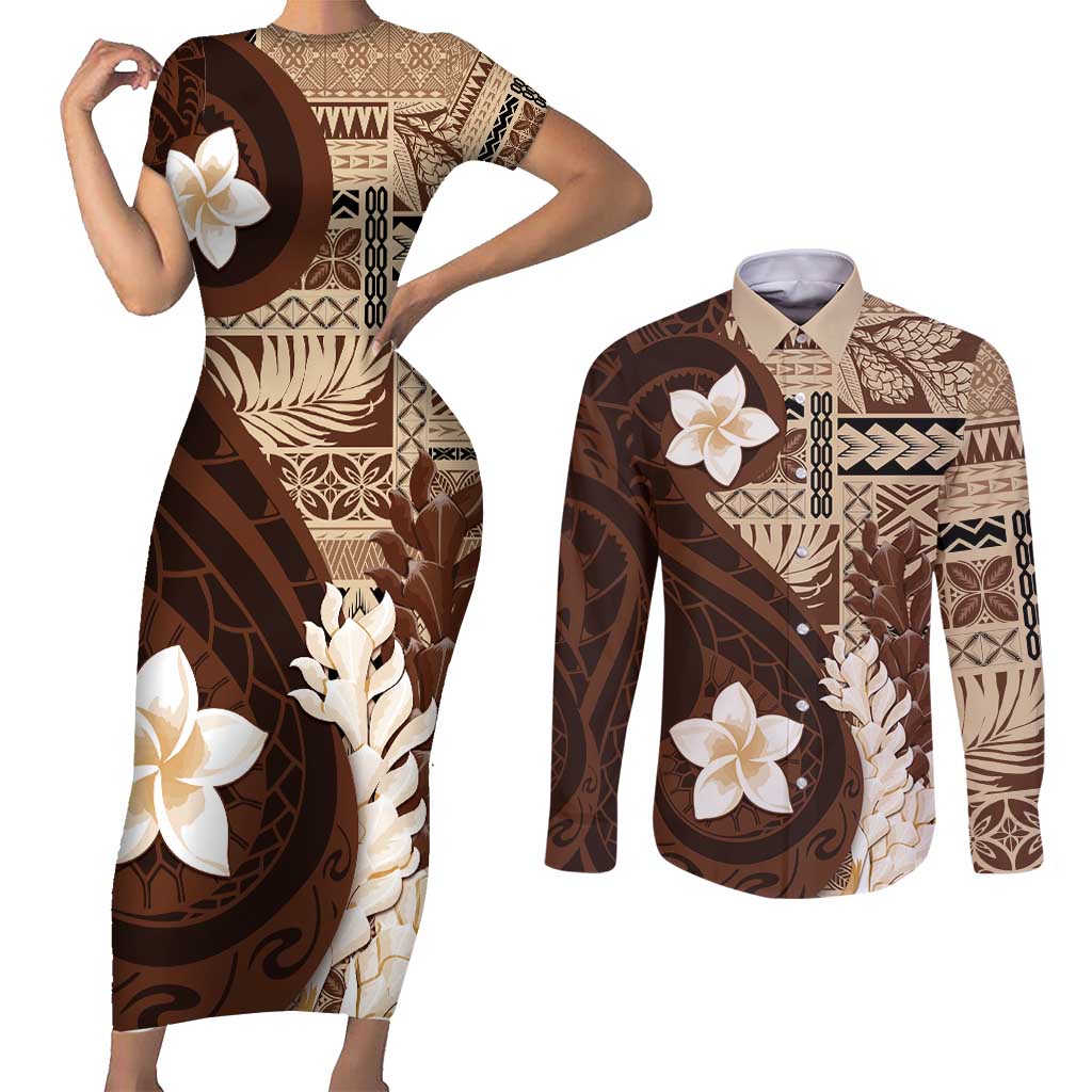 Samoa Teuila 2024 Couples Matching Short Sleeve Bodycon Dress and Long Sleeve Button Shirt Samoan Siapo Pattern Brown Version LT05 Brown - Polynesian Pride