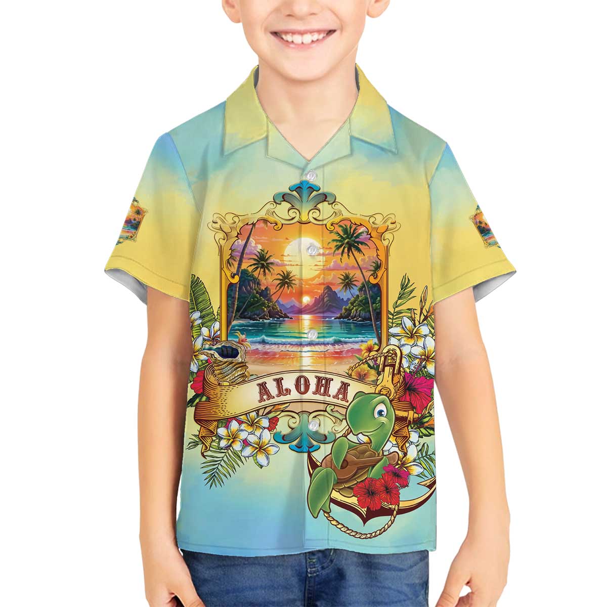 Aloha Hawaii Turtle Family Matching Off The Shoulder Long Sleeve Dress and Hawaiian Shirt Retro Style - Polynesian Pride