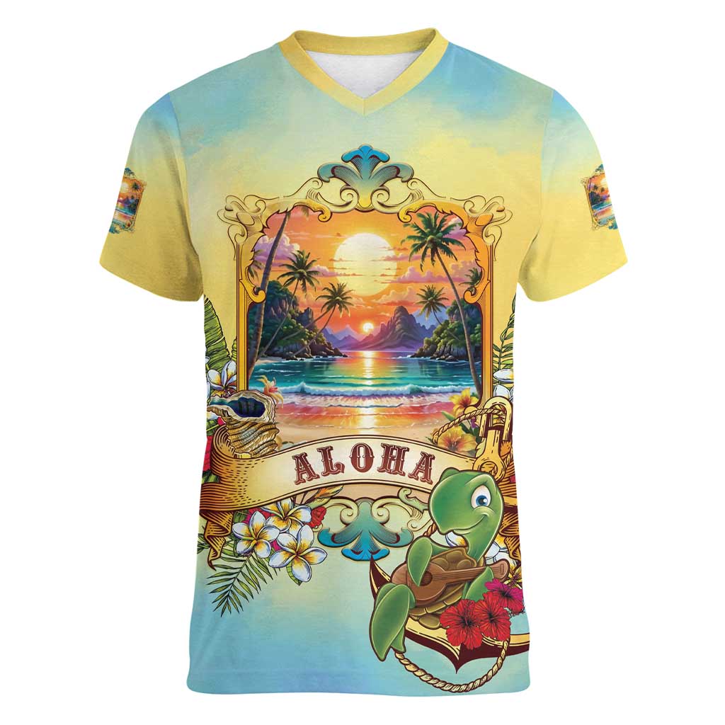 Aloha Hawaii Turtle Women V-Neck T-Shirt Retro Style - Polynesian Pride