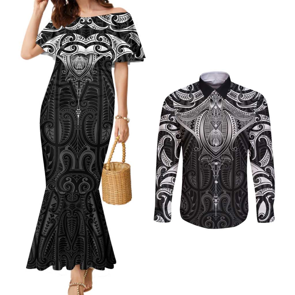 New Zealand Aotearoa Couples Matching Mermaid Dress and Long Sleeve Button Shirt Maori Manta Ray Moko Black - Polynesian Pride