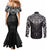New Zealand Aotearoa Couples Matching Mermaid Dress and Long Sleeve Button Shirt Maori Manta Ray Moko Black - Polynesian Pride