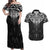 New Zealand Aotearoa Couples Matching Off Shoulder Maxi Dress and Hawaiian Shirt Maori Manta Ray Moko Black - Polynesian Pride