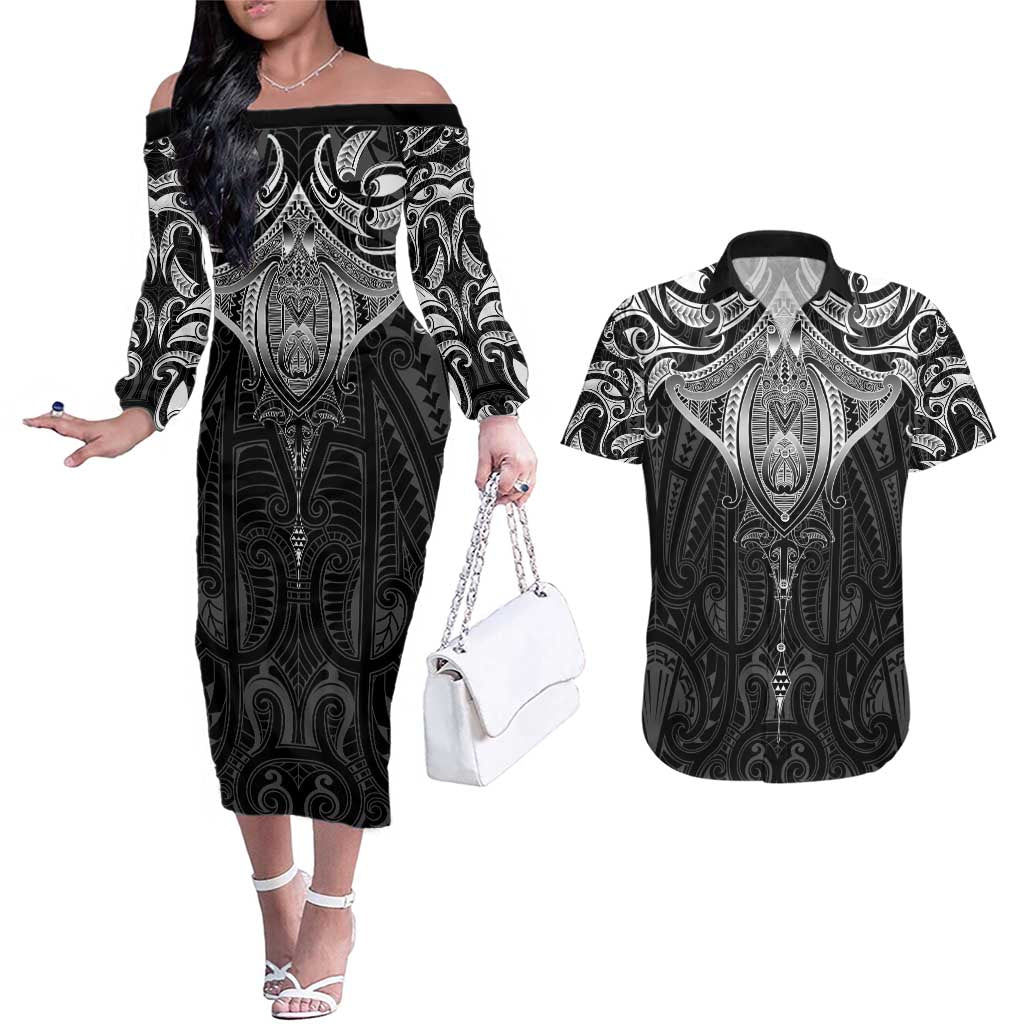 New Zealand Aotearoa Couples Matching Off The Shoulder Long Sleeve Dress and Hawaiian Shirt Maori Manta Ray Moko Black LT05 Black - Polynesian Pride