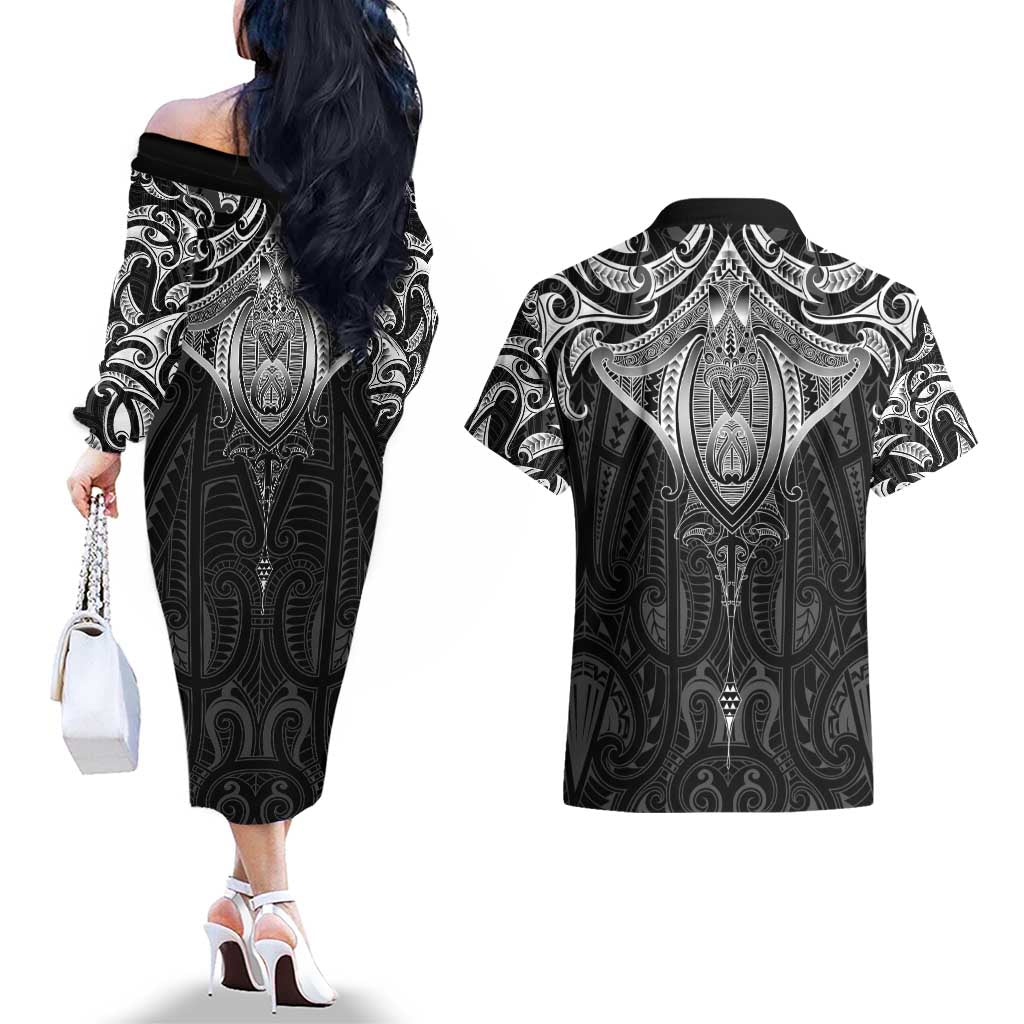 New Zealand Aotearoa Couples Matching Off The Shoulder Long Sleeve Dress and Hawaiian Shirt Maori Manta Ray Moko Black LT05 - Polynesian Pride