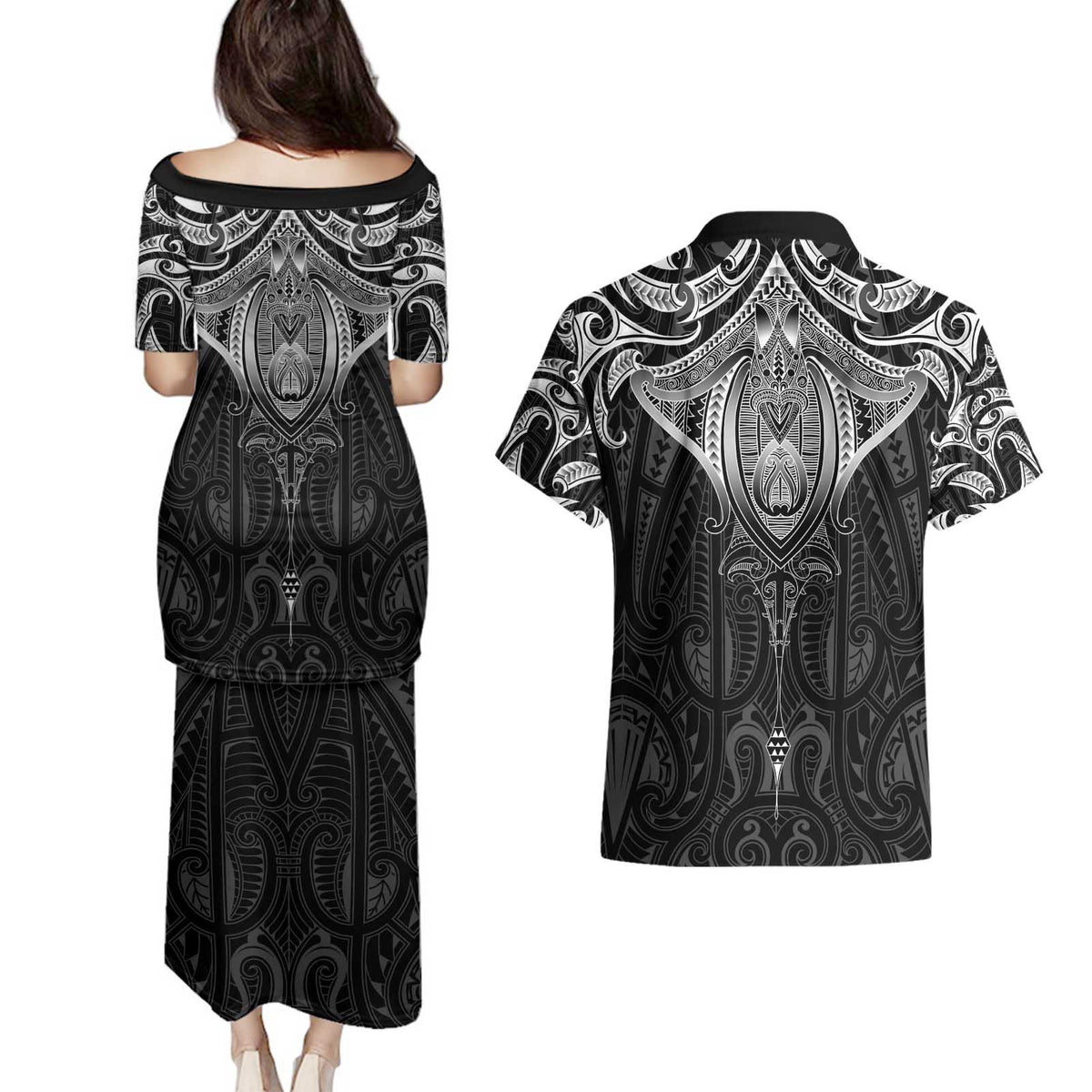 New Zealand Aotearoa Couples Matching Puletasi and Hawaiian Shirt Maori Manta Ray Moko Black - Polynesian Pride