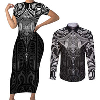 New Zealand Aotearoa Couples Matching Short Sleeve Bodycon Dress and Long Sleeve Button Shirt Maori Manta Ray Moko Black - Polynesian Pride