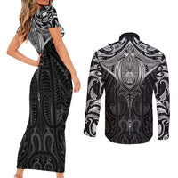 New Zealand Aotearoa Couples Matching Short Sleeve Bodycon Dress and Long Sleeve Button Shirt Maori Manta Ray Moko Black - Polynesian Pride