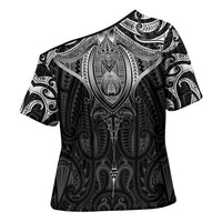 New Zealand Aotearoa Cross Shoulder Shirt Maori Manta Ray Moko Black - Polynesian Pride