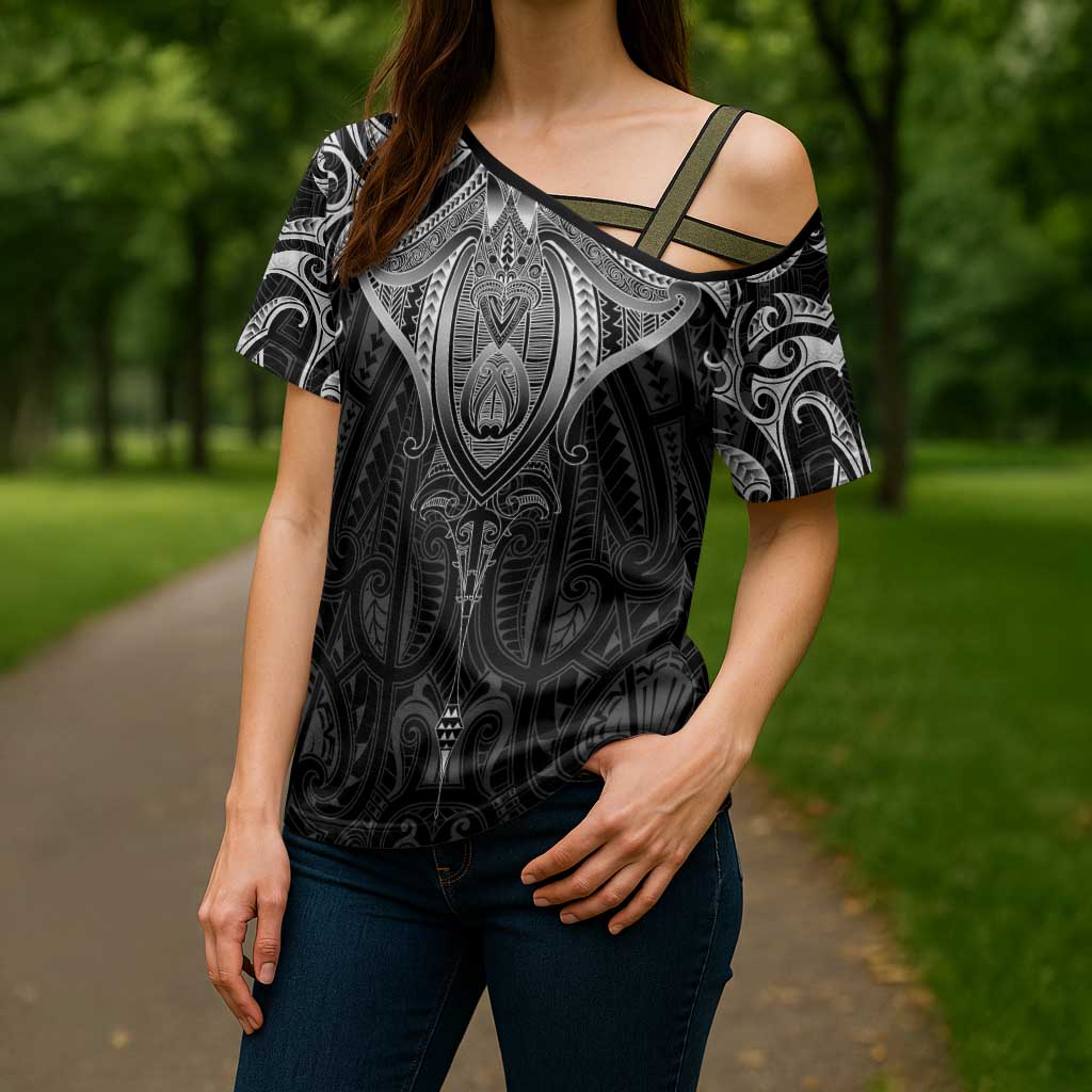 New Zealand Aotearoa Cross Shoulder Shirt Maori Manta Ray Moko Black - Polynesian Pride