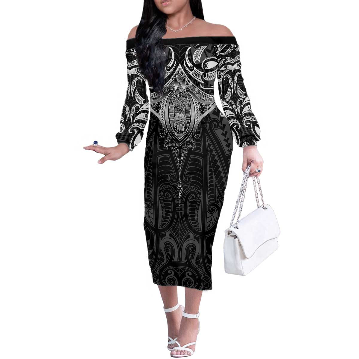 New Zealand Aotearoa Family Matching Off The Shoulder Long Sleeve Dress and Hawaiian Shirt Maori Manta Ray Moko Black - Polynesian Pride