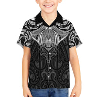 New Zealand Aotearoa Family Matching Off The Shoulder Long Sleeve Dress and Hawaiian Shirt Maori Manta Ray Moko Black - Polynesian Pride