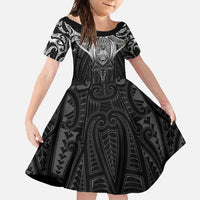 New Zealand Aotearoa Family Matching Off Shoulder Maxi Dress and Hawaiian Shirt Maori Manta Ray Moko Black LT05 Daughter's Dress Black - Polynesian Pride