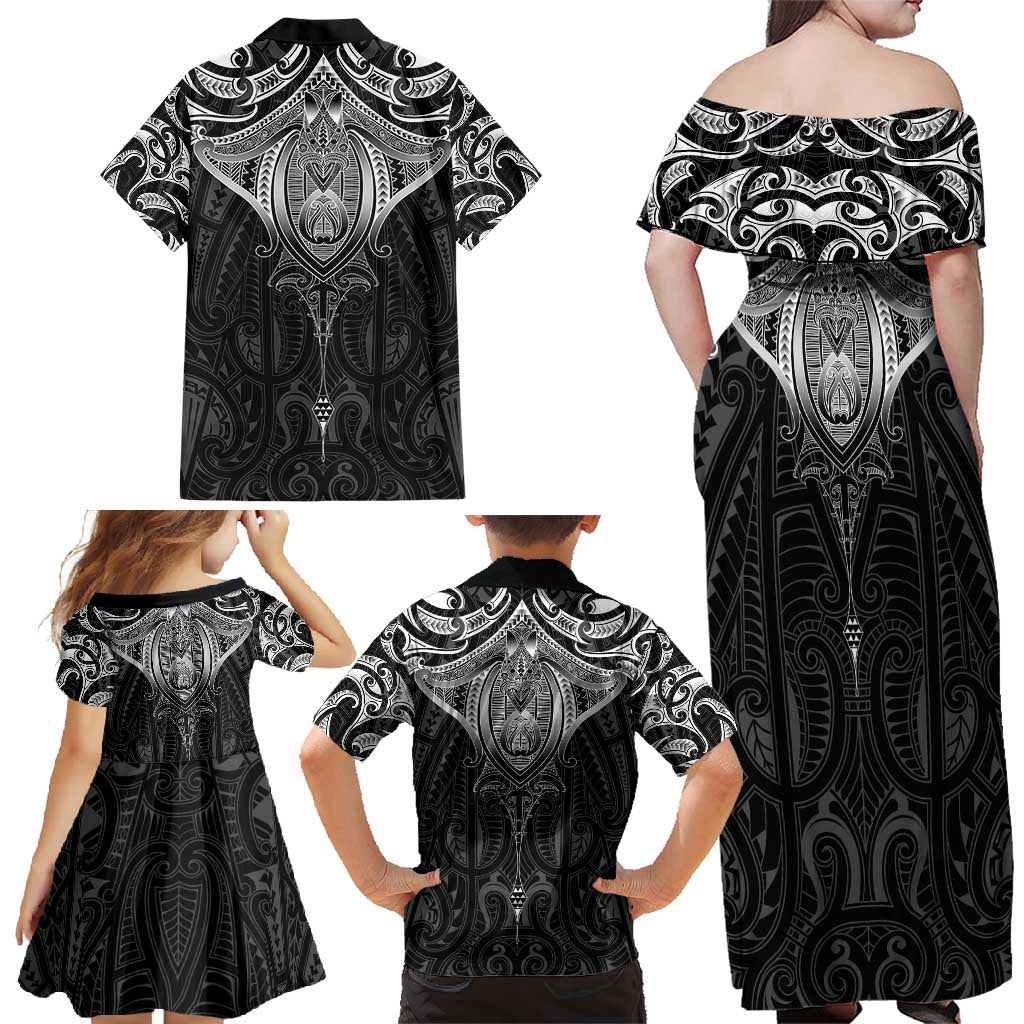 New Zealand Aotearoa Family Matching Off Shoulder Maxi Dress and Hawaiian Shirt Maori Manta Ray Moko Black LT05 - Polynesian Pride