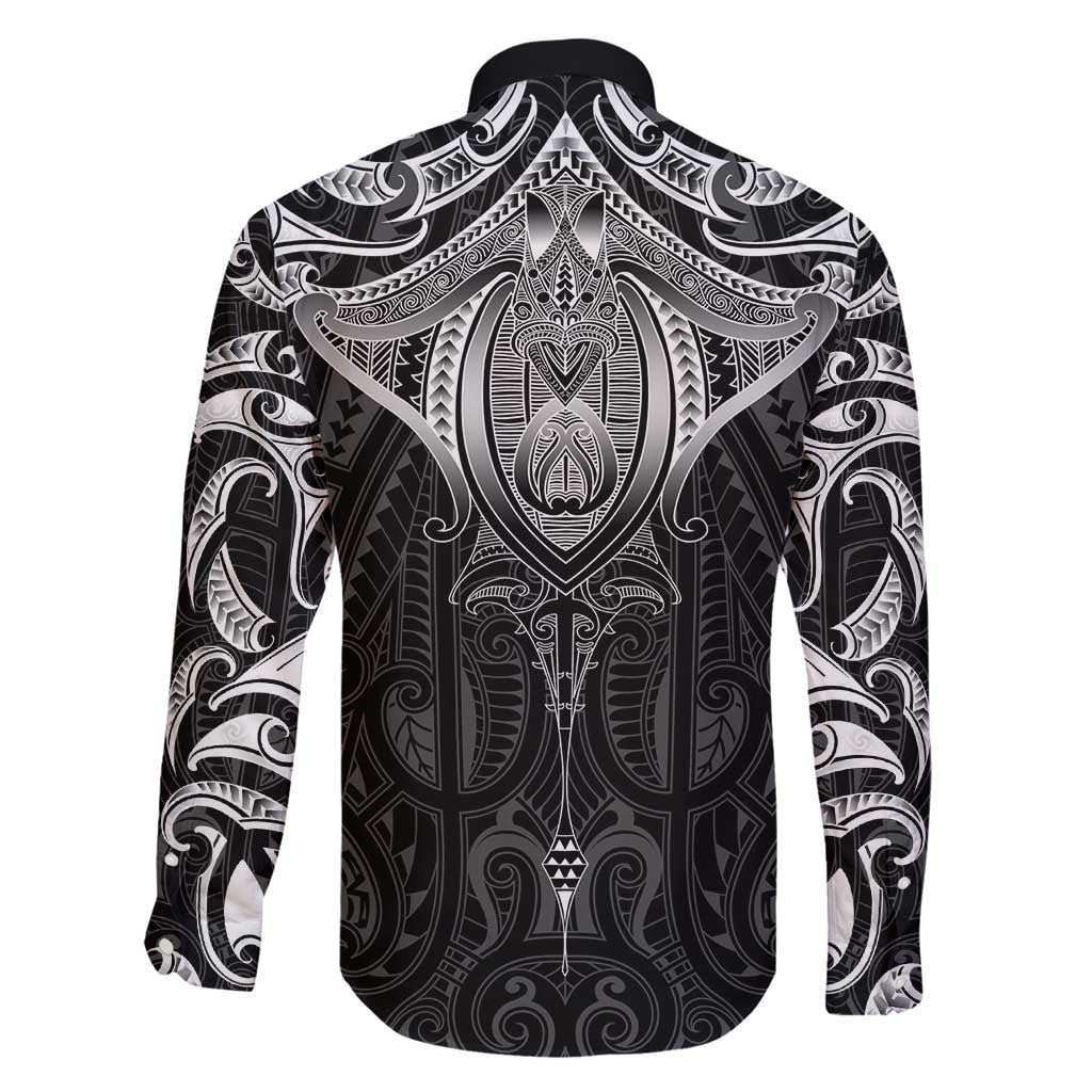 New Zealand Aotearoa Family Matching Off Shoulder Maxi Dress and Hawaiian Shirt Maori Manta Ray Moko Black LT05 - Polynesian Pride