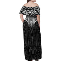 New Zealand Aotearoa Family Matching Off Shoulder Maxi Dress and Hawaiian Shirt Maori Manta Ray Moko Black LT05 - Polynesian Pride