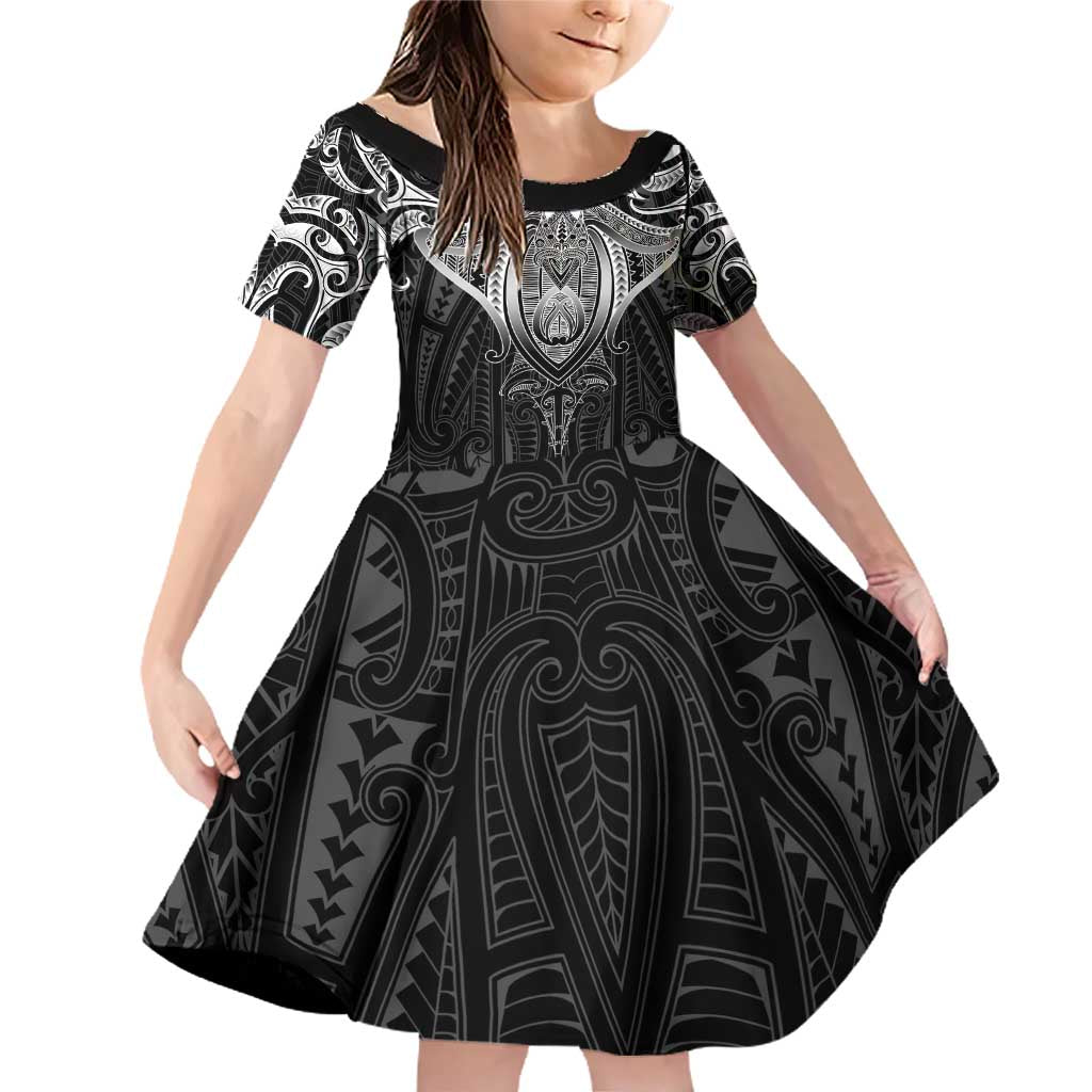 New Zealand Aotearoa Family Matching Off Shoulder Short Dress and Hawaiian Shirt Maori Manta Ray Moko Black LT05 Daughter's Dress Black - Polynesian Pride