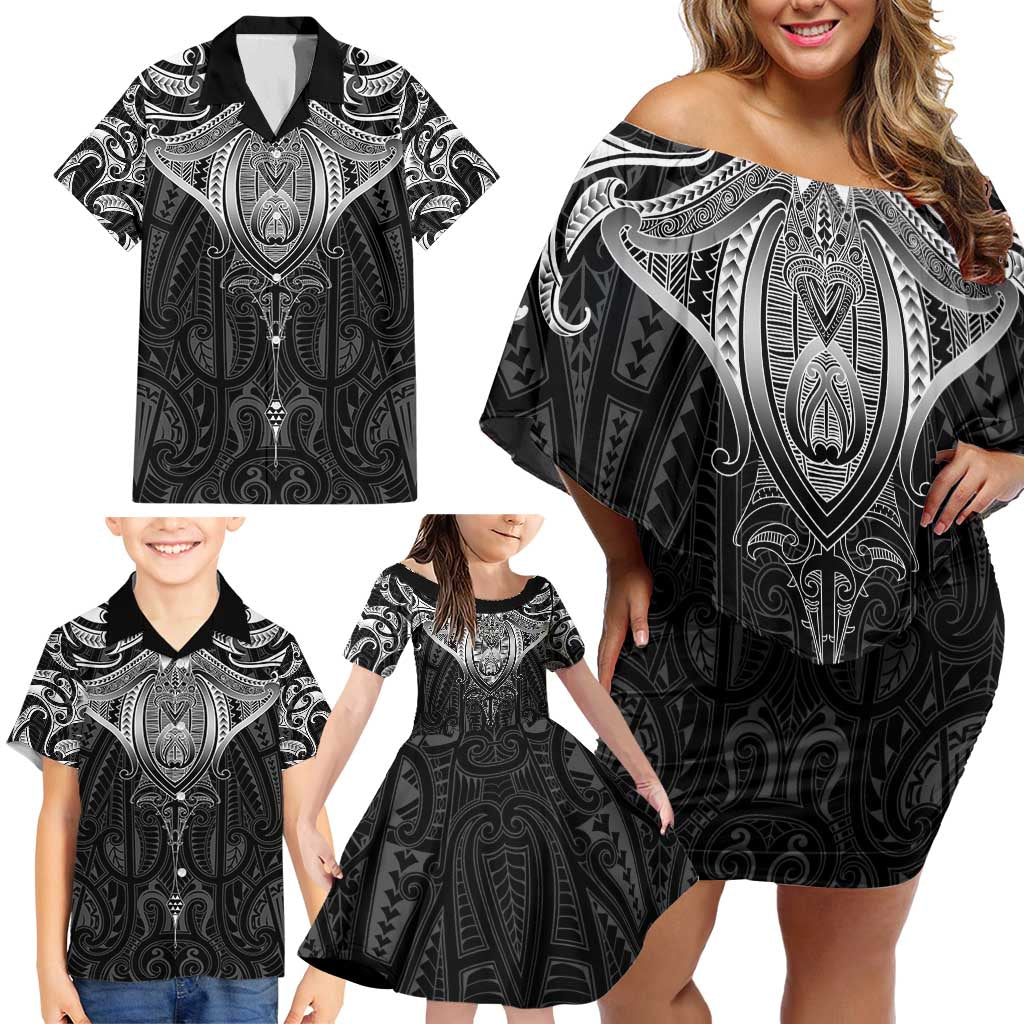 New Zealand Aotearoa Family Matching Off Shoulder Short Dress and Hawaiian Shirt Maori Manta Ray Moko Black LT05 - Polynesian Pride