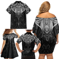New Zealand Aotearoa Family Matching Off Shoulder Short Dress and Hawaiian Shirt Maori Manta Ray Moko Black LT05 - Polynesian Pride