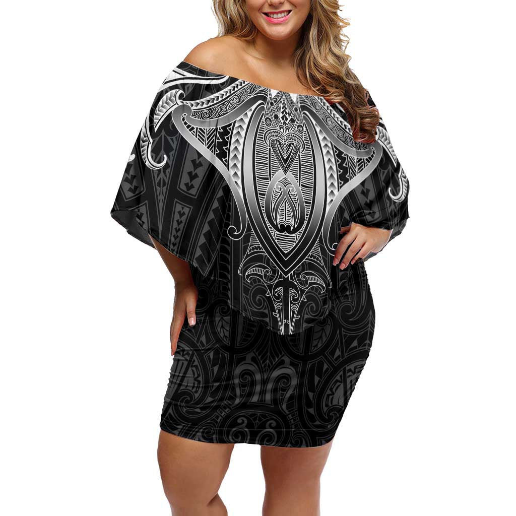 New Zealand Aotearoa Family Matching Off Shoulder Short Dress and Hawaiian Shirt Maori Manta Ray Moko Black LT05 Mom's Dress Black - Polynesian Pride