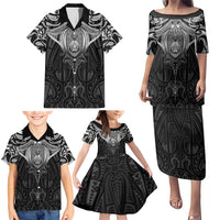 New Zealand Aotearoa Family Matching Puletasi and Hawaiian Shirt Maori Manta Ray Moko Black - Polynesian Pride