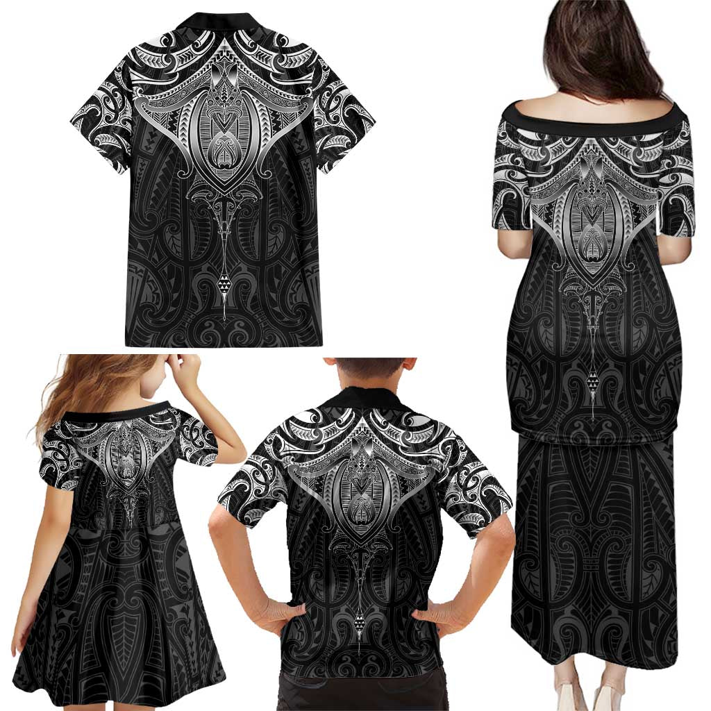 New Zealand Aotearoa Family Matching Puletasi and Hawaiian Shirt Maori Manta Ray Moko Black - Polynesian Pride