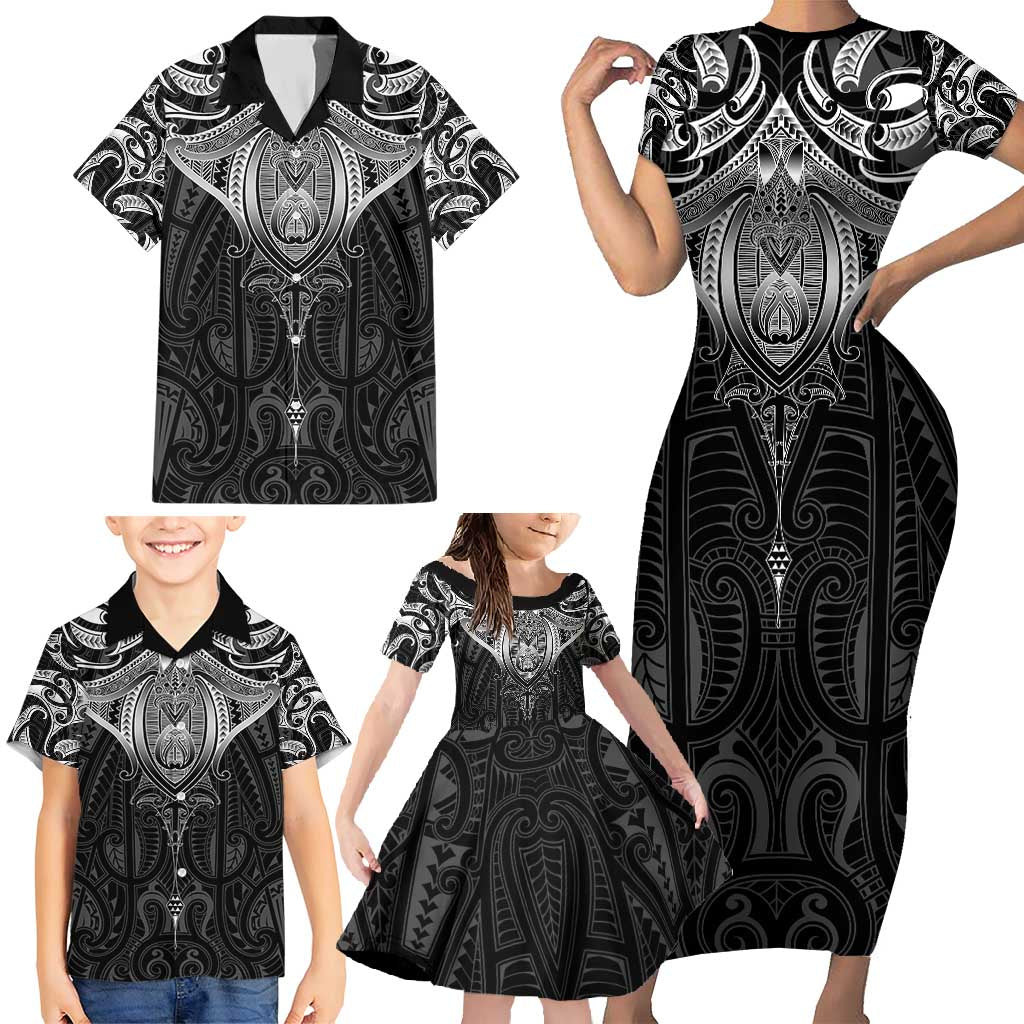 New Zealand Aotearoa Family Matching Short Sleeve Bodycon Dress and Hawaiian Shirt Maori Manta Ray Moko Black LT05 - Polynesian Pride
