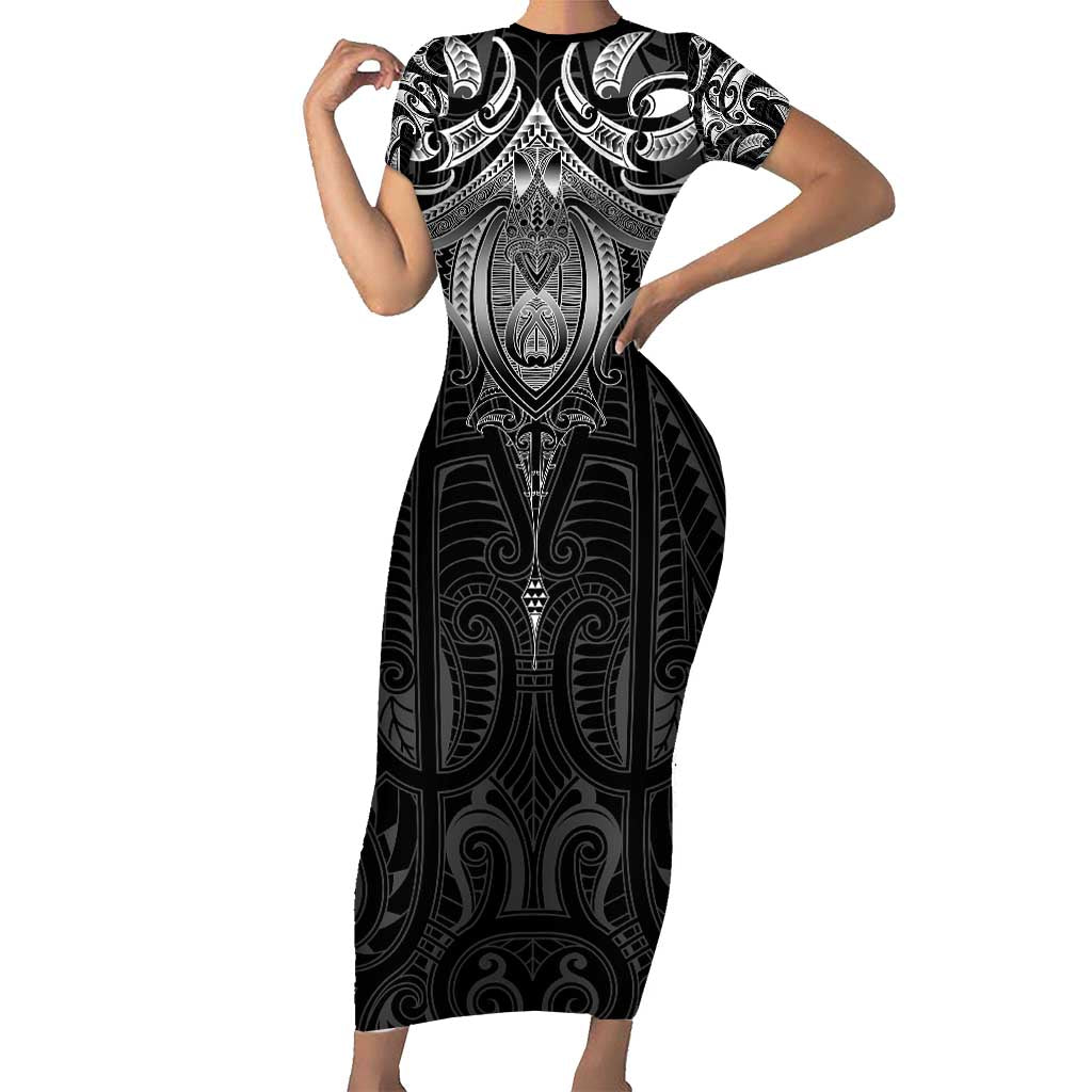 New Zealand Aotearoa Family Matching Short Sleeve Bodycon Dress and Hawaiian Shirt Maori Manta Ray Moko Black LT05 Mom's Dress Black - Polynesian Pride