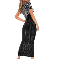 New Zealand Aotearoa Family Matching Short Sleeve Bodycon Dress and Hawaiian Shirt Maori Manta Ray Moko Black LT05 - Polynesian Pride