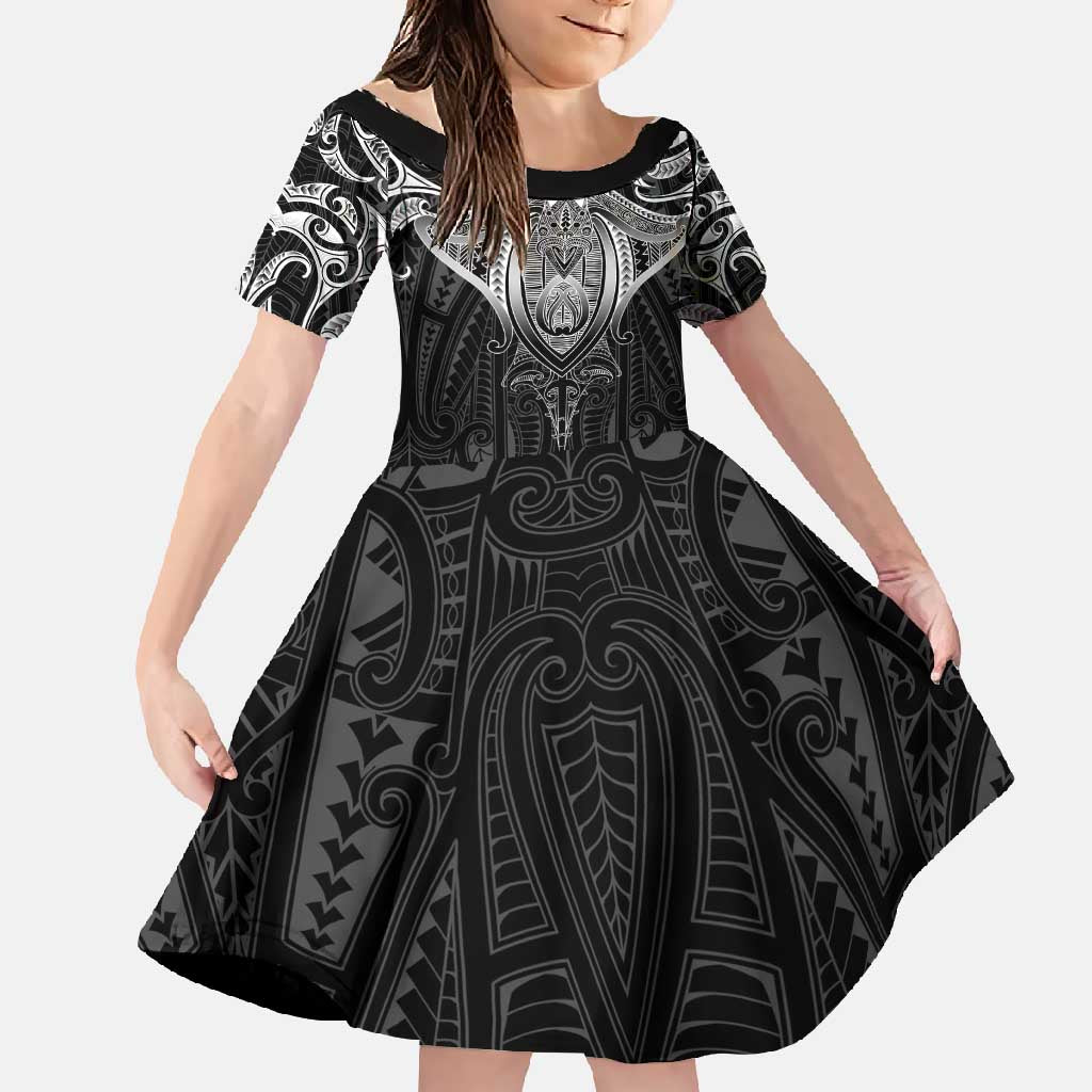 New Zealand Aotearoa Family Matching Summer Maxi Dress and Hawaiian Shirt Maori Manta Ray Moko Black LT05 Daughter's Dress Black - Polynesian Pride